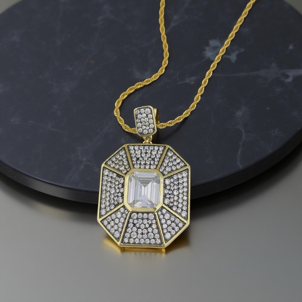Elegant Gold and Silver Multi Rhinestone Pendant Necklace on Gold Chain